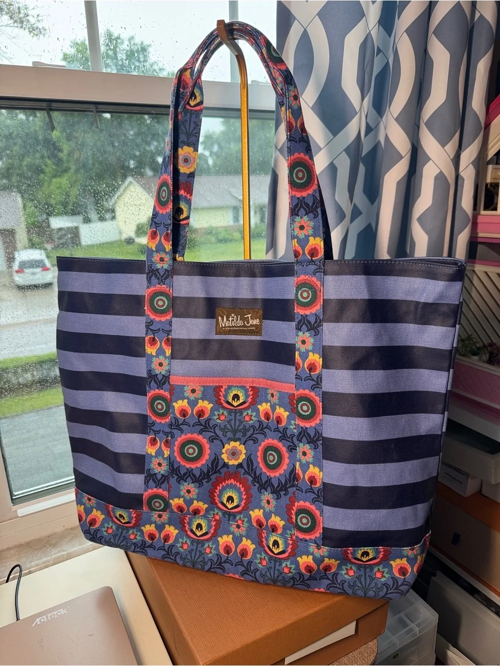 Matilda Jane Navy and Light Blue Striped Floral extra large Tote
